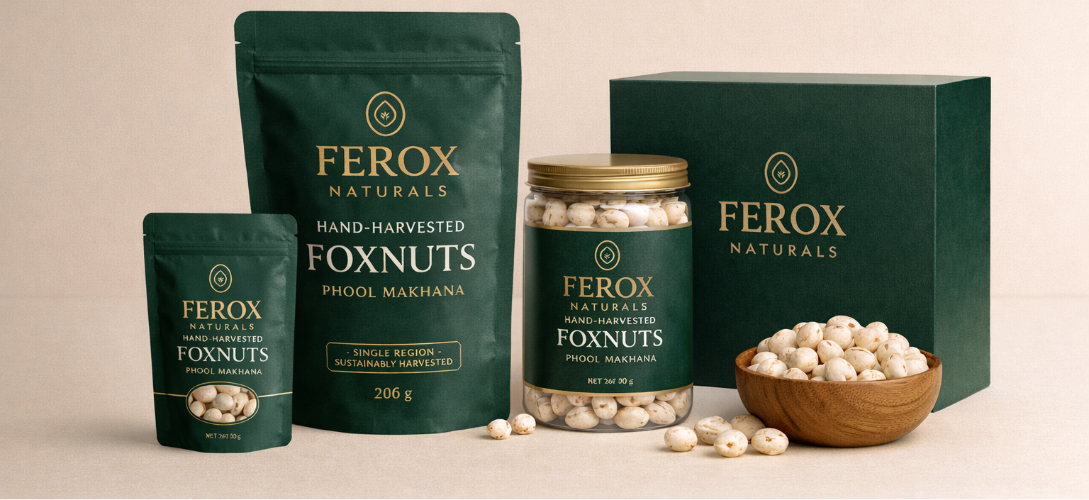 Ferox Naturals foxnuts packaging on a beige background