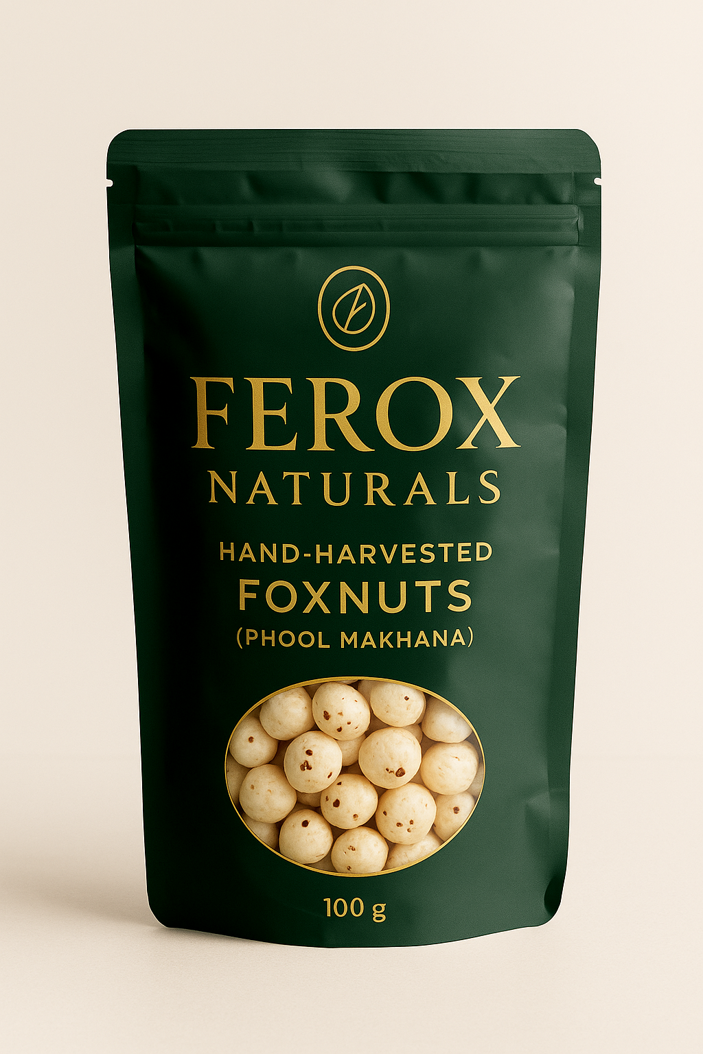Ferox Naturals hand-harvested foxnuts packaging on a beige background