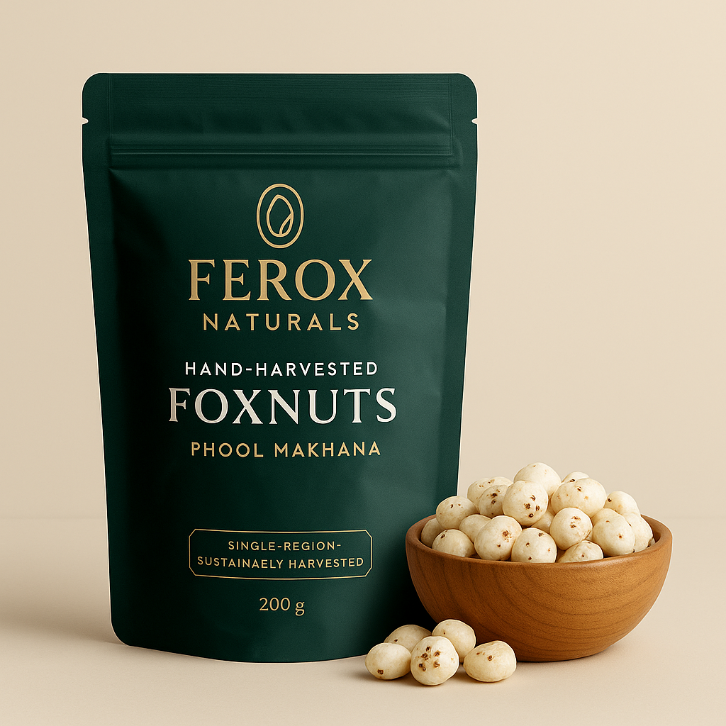 Ferox Naturals hand-harvested foxnuts packaging with a bowl of foxnuts on a beige background